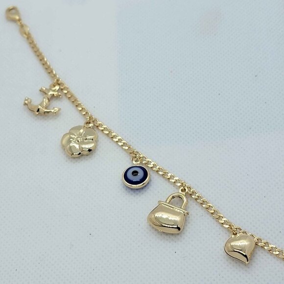 Brand New Brazilian 18k Gold Filled Multi Charms w/   Blue Evil Eye Bracelet - Picture 1 of 7